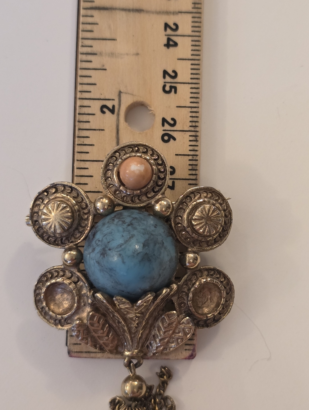 Vtg Art Deco Victorian Faux Turquoise Coral Chain Gold-Tone Tassel Brooch READ - Picture 14 of 14